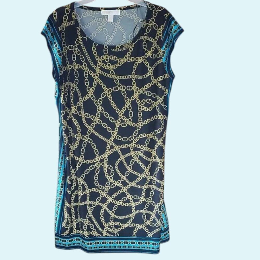 Michael Kors Chain Print Sheath Dress XL Navy Gold Teal Cap Sleeve Stretch